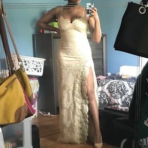 Nude and gold accent prom dress